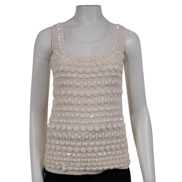 Naeem Khan Womens Tank Top Medium Beige Cotton Beaded Embroidered Sleeveless